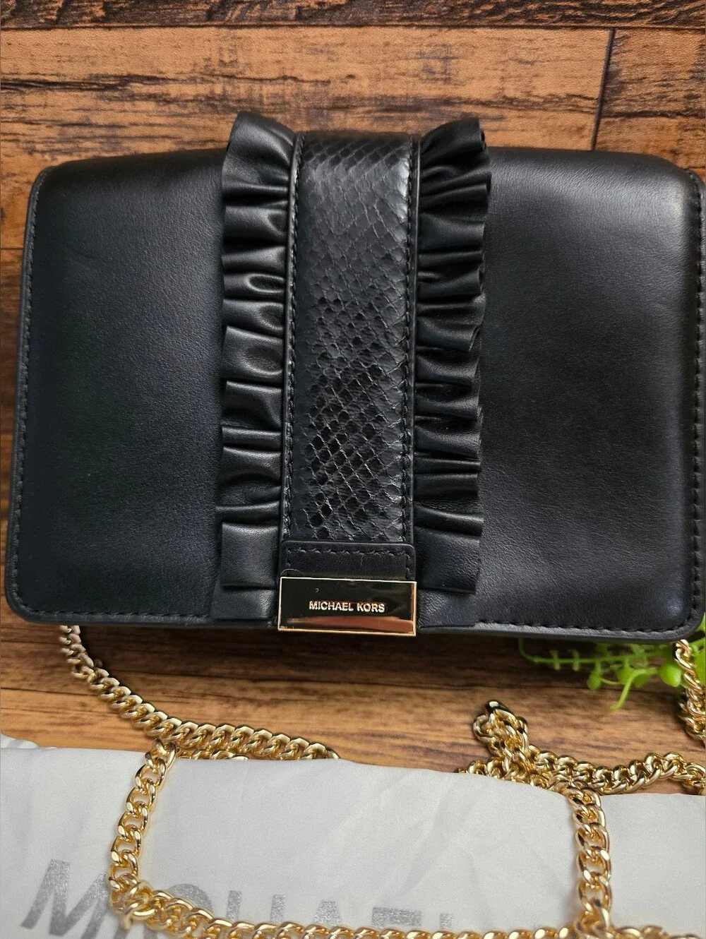 Michael Kors Jade- Black Ruffle Accent Leather Crossbody with Gold Chain